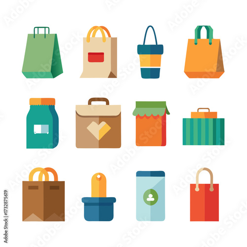 Colorful flat illustration of various shopping bags and containers