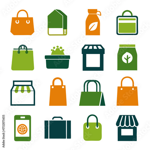 Flat icons with themes of eco-friendly shopping and stores