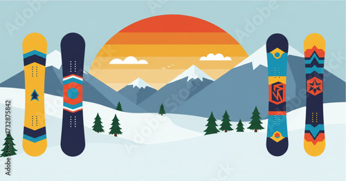 Stylized illustration for World Snowboard Day featuring four snowboards with geometric designs set against a snowy mountain landscape at sunset/sunrise.
