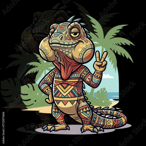 Tribal Iguana Mascot on Tropical Beach – Colorful Cartoon Reptile Character with Peace Sign