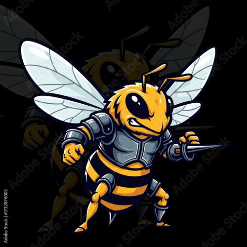 Armored Bee Mascot with Weapon – Fierce Cartoon Insect Warrior Character Art