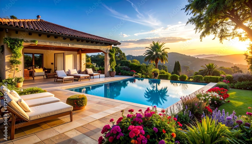 Fototapeta premium A luxury home with a stunning pool area, lush gardens, and a beautiful sunset over rolling hills. The scene is serene and inviting
