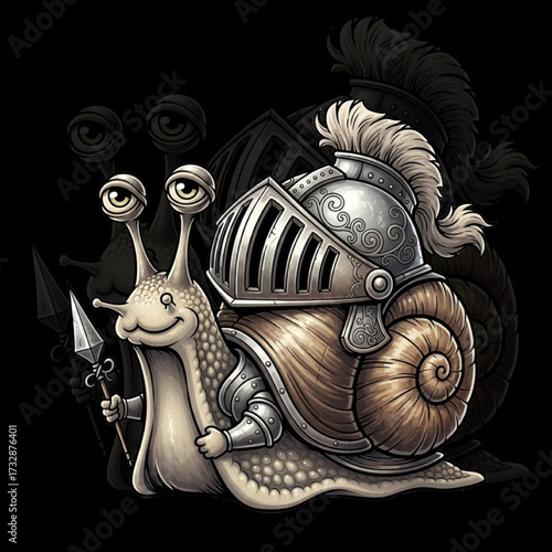 Knight Snail Mascot in Armor with Spear – Whimsical Cartoon Animal Character Art