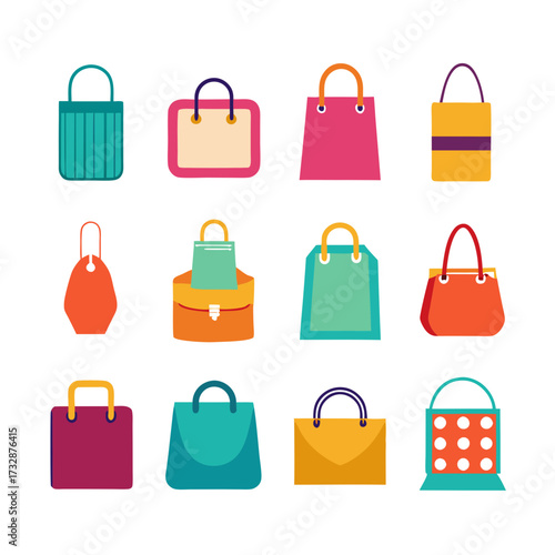 Colorful assortment of shopping bags, flat vector illustration style