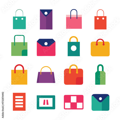 Colorful set of sixteen shopping and gift bag icons