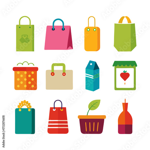 Flat lay vector icons of shopping and groceries products