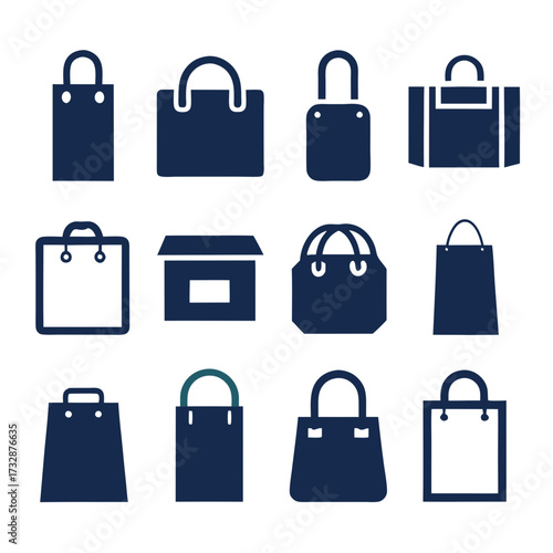 Stylized shopping bags and box icons on white background
