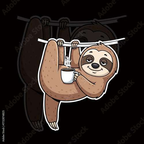 Coffee Sloth Mascot Hanging Upside Down – Relaxed Cartoon Animal Character Art