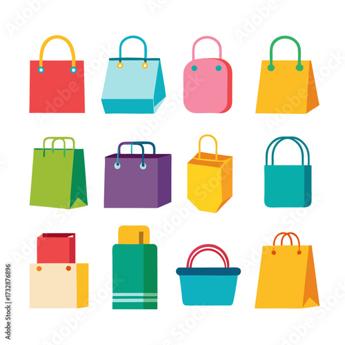 Collection of colorful shopping bags in flat vector style