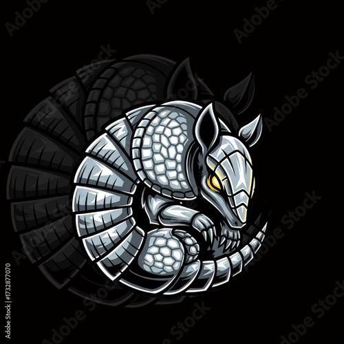 Robotic Armadillo Mascot Curled in Ball – Futuristic Cartoon Animal Character Art