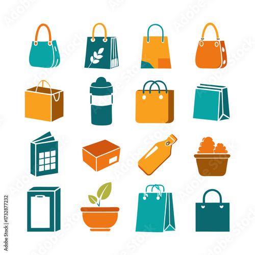 Icons of Bags, Boxes, Bottle, Plant, Book and a Snack