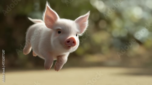 A baby pig flying in the air