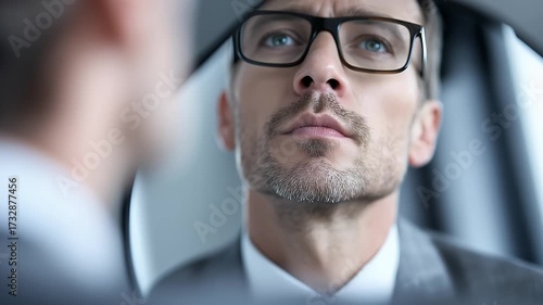 A business professional gazes into a mirror, seeing a distorted reflection that symbolizes marketing blind spots in a minimalistic, photorealistic style