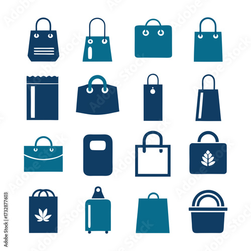 Set of stylish blue shopping bags and other containers