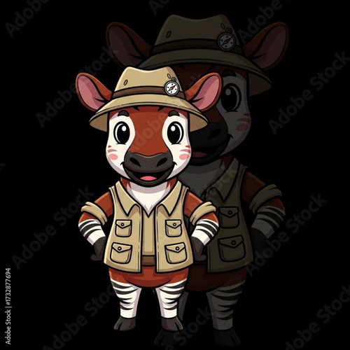 Okapi Explorer Mascot – Cartoon Safari Animal Character with Striped Legs and Vest