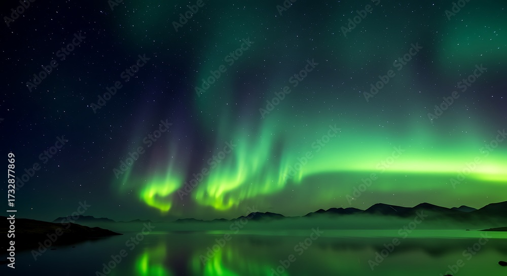 Naklejka premium Spectacular aurora borealis display over tranquil waters at night