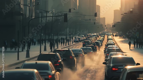 Traffic jam in the city with cars releasing smoke, highlighting air pollution issues