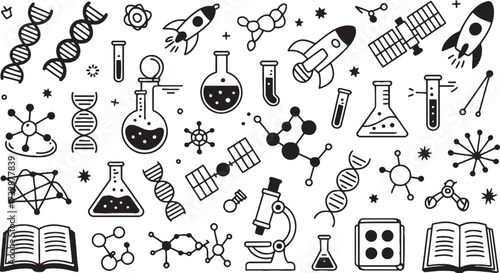 Black and white doodle art icons of science and space exploration including D N A molecules rockets and microscopes