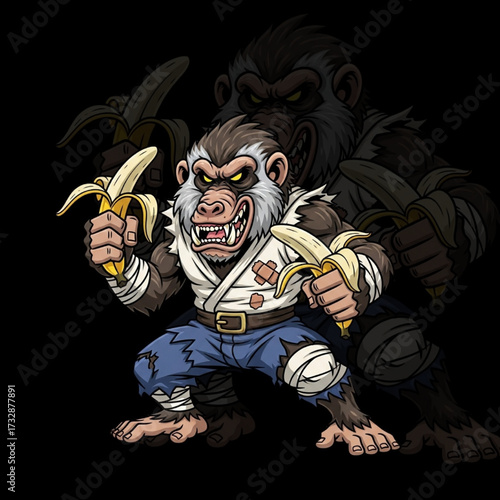 Martial Arts Gorilla Mascot – Fierce Fighter Character with Bananas and Battle Gear