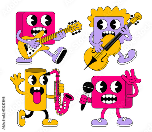 Cartoon band of anthropomorphic shapes playing musical instruments with expressive faces.
