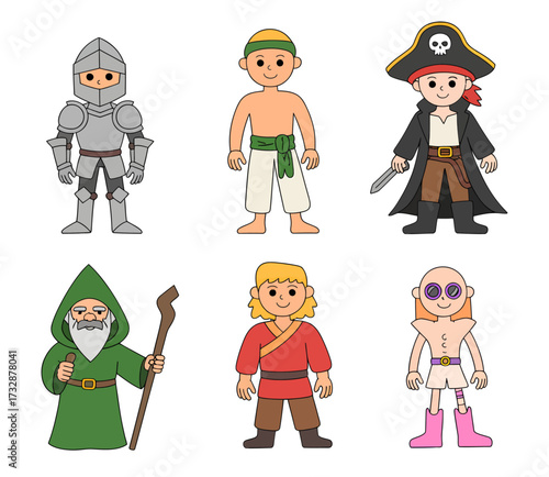 Cartoon characters: knight, native, pirate, wizard, peasant, and futuristic person.