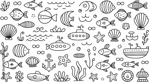 Black and white doodle art pattern of underwater sea life and submarines fish starfish