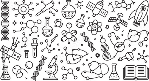 Black and white doodle art science and space icons including D N A molecules beakers rockets and satellites