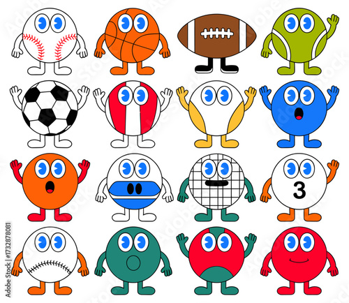 Collection of cartoon sports balls with eyes, arms, and legs, various designs.