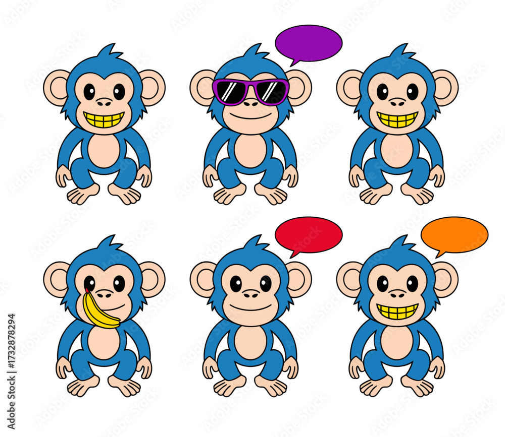 Obraz premium A collection of six cartoon blue monkeys with different expressions and accessories, including sunglasses and a banana.
