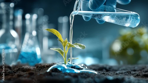 Close-up of a hand watering a plant with a test tube in a lab setting, featuring blue lights and a photorealistic style