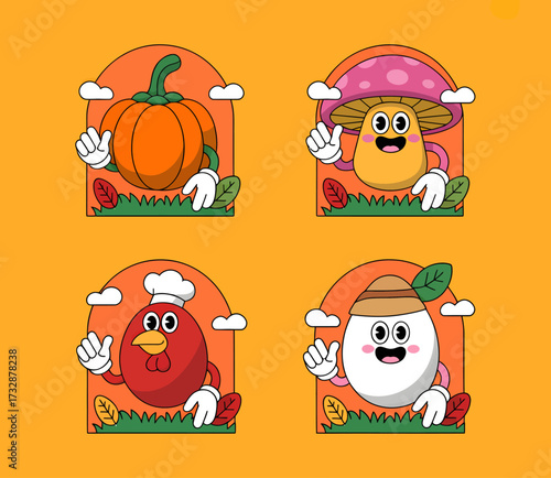 Four groovy cartoon characters: a pumpkin, mushroom, chicken, and egg, all with faces and pointing up, in a retro style.