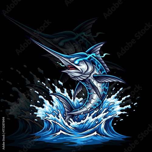 Electric Marlin Mascot Leaping from Ocean Waves – Dynamic Aquatic Creature Illustration