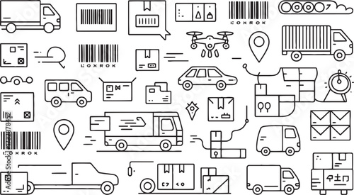 Black and white doodle icons of delivery and logistics elements delivery truck drone
