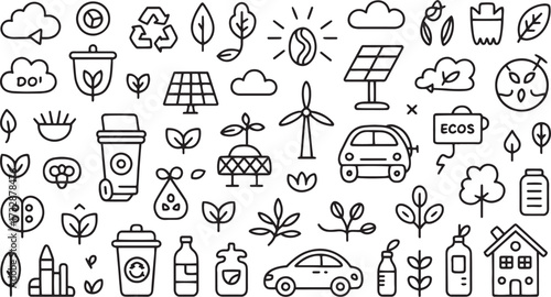 Black and white doodle icons of nature and eco friendly elements recycle leaf