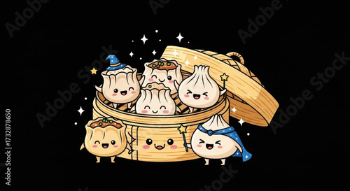 Cute Kawaii Dim Sum Dumplings in a Bamboo Steamer, Magical Food Illustration