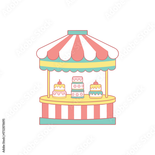 Cartoon Cake Stand Illustration with Striped Awning and Decorative Cakes