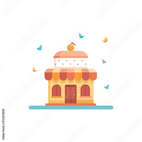 Colorful cartoon candy shop building with birds flying around isolated