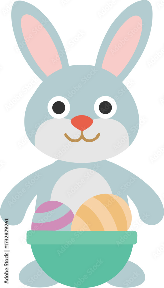 Obraz premium Cute cartoon Easter bunny holding a basket filled with colorful decorated eggs