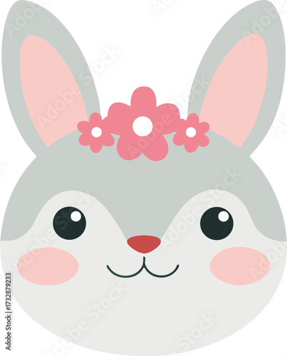 Cute bunny face with flower crown and rosy cheeks