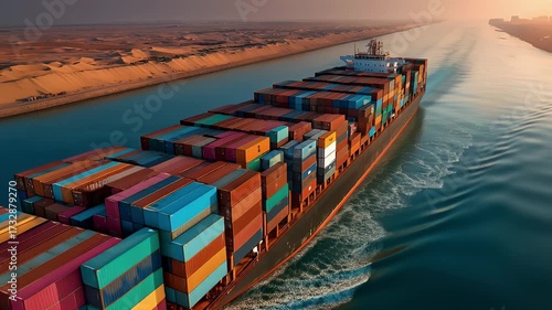 A large container ship navigates a man-made canal, surrounded by desert dunes and clear skies, captured in ultra-detailed, high-resolution photography