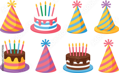 Birthday Cake & Party Hat Bundle vector on white background