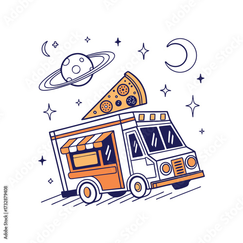 Surreal pizza food truck with cosmic elements and starry background