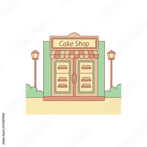 Vector illustration of cute cartoon cake shop facade building design