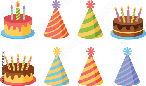 Birthday Cake & Party Hat Bundle vector on white background