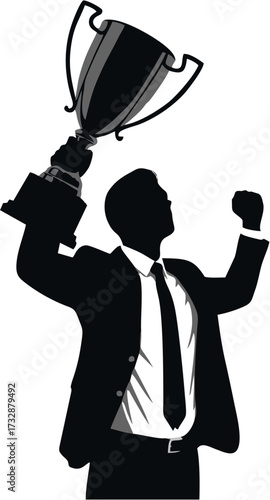 Conceptual vector illustration of a triumphant businessman in a suit holding a trophy cup, celebrating a major achievement
