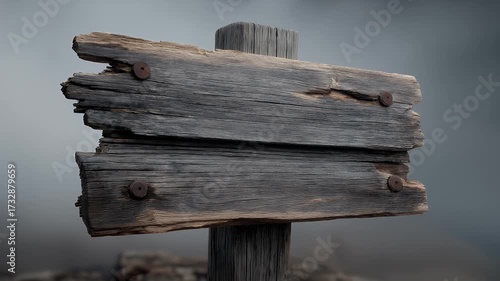 A weathered wooden picket sign with cracked boards and splintered edges stands on a crooked post, surrounded by swirling fog
