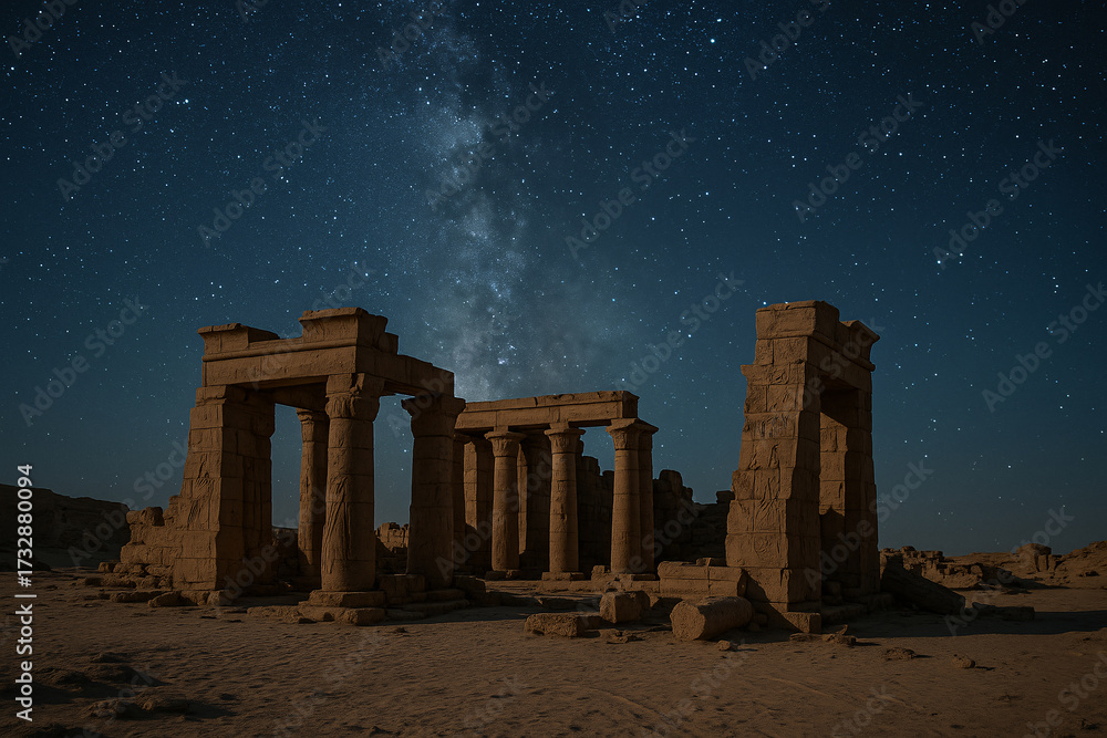 Naklejka premium Ancient Egyptian temple ruins stand majestically under a breathtaking starry night sky, evoking wonder and a sense of timeless history.