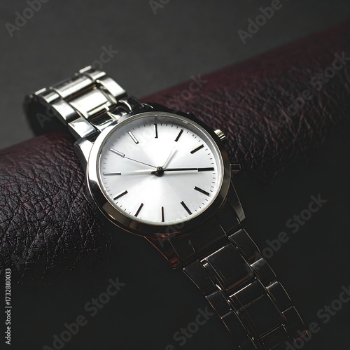 Sleek silver wristwatch on dark leather