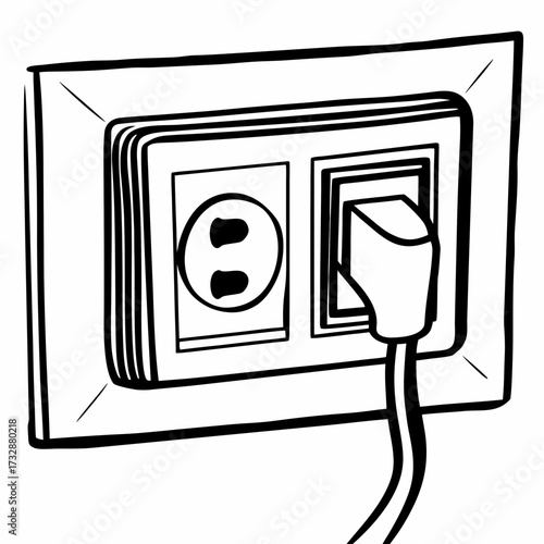 Simple line drawing of electrical outlet and plug on wall  