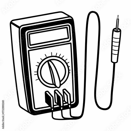 Digital multimeter illustration with probes and dial settings  